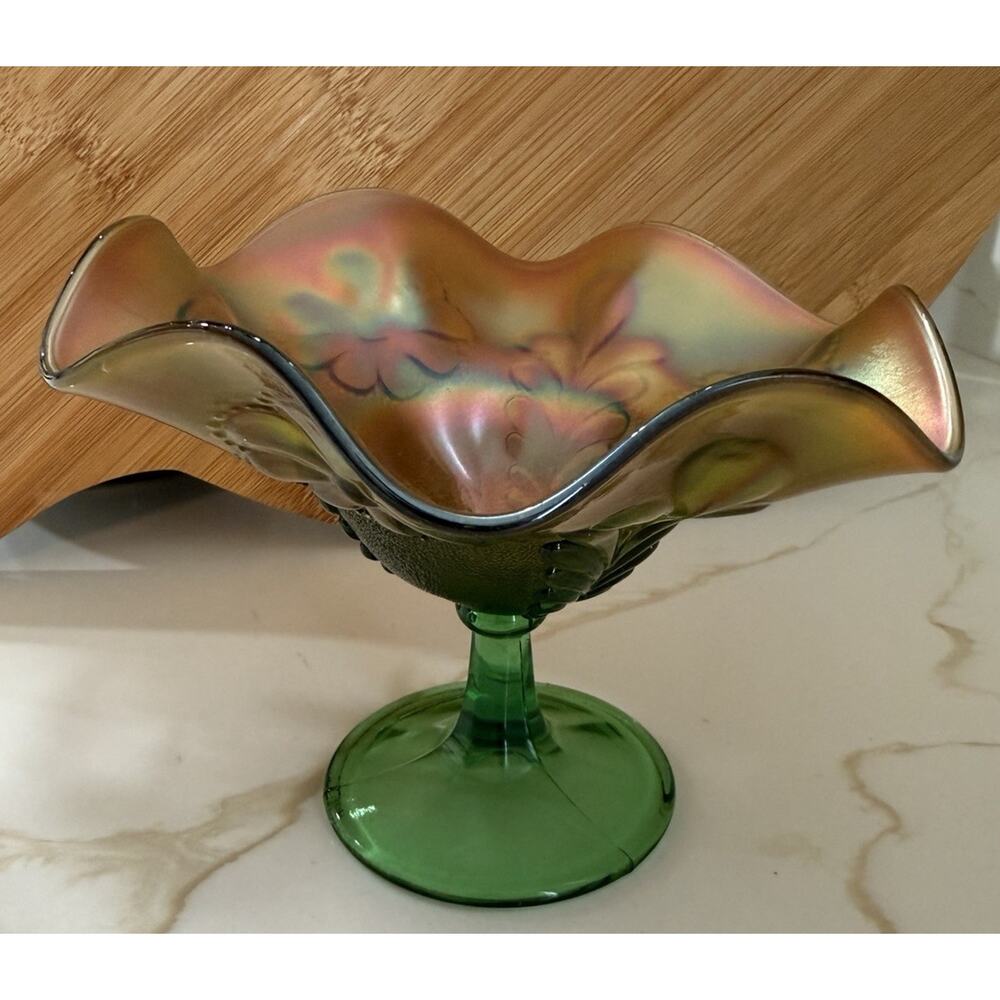 Vintage Northwood Green Carnival Glass Petals Pattern Compote Candy Dish 6x5”